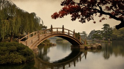 Naklejka premium Wooden Bridge Over Tranquil Pond, serene setting, soft beige tones, inviting atmosphere, nature's harmony, peaceful retreat