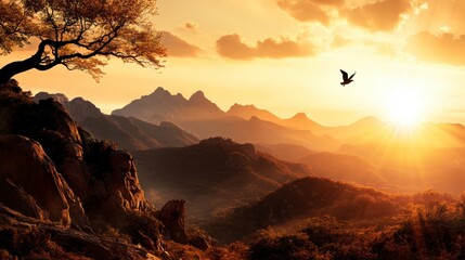 Sunrise Over Mountain Landscape, gentle hues of beige enveloping the scene, majestic peaks illuminated by the first light of day, serene and inspiring