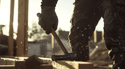 Construction Worker Using Hammer on Wood