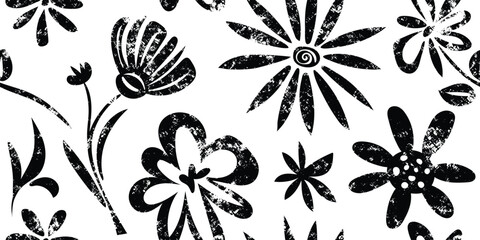 Drawing of leaves and flowers, seamless pattern, grunge texture, vector floral background