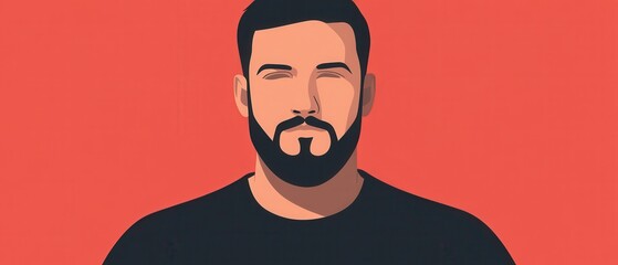 Portrait of a calm adult man with beard and closed eyes on a red background, concept of meditation, relaxation, and inner peace