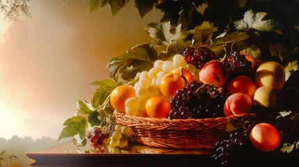 Fruit Basket on Soft Beige Background, vibrant assortment of fruits, positioned on the right side, inviting and warm ambiance