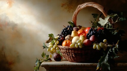 Fruit Basket Arrangement, vibrant assortment of fresh fruits, soft beige backdrop, positioned on the right side for a balanced composition