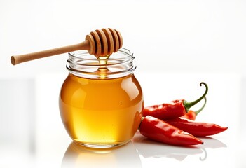 Habanero honey drizzle jar with chili peppers on white background  