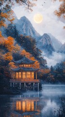 Obraz premium China ancient buildings by the lake moonlit night