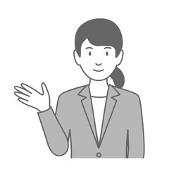 スーツを着た女性が「こちらです」と案内しているイラスト