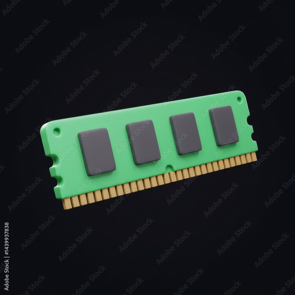 Poster stylized 3d rendering of a computer ram module on a dark background, presenting modern tech