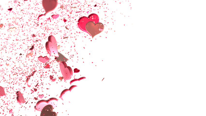 Falling red and pink hearts isolated on transparent background. Valentine’s day design. 3D rendering in transparent PNG