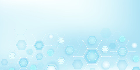 Health care or medical abstract background with hexagons, lines and dots. Scientific innovation banner template concept. Biology and pharmaceutical technology background. Vector illustration.