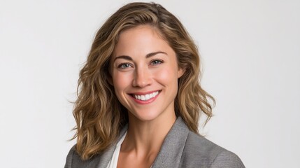 Obraz premium Portrait of a smiling businesswoman against a plain background. Possible use for professional headshots, business profiles, and corporate websites.