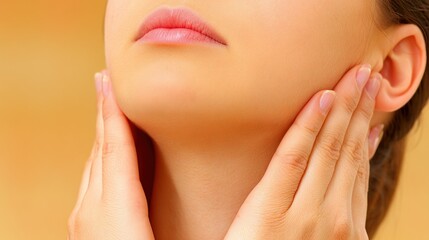 Fototapeta premium Woman's face Hands gently touching jawline, neutral background