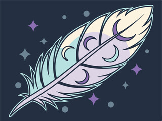 Celestial Feather Design: Moon and Stars Vector Art Illustration.