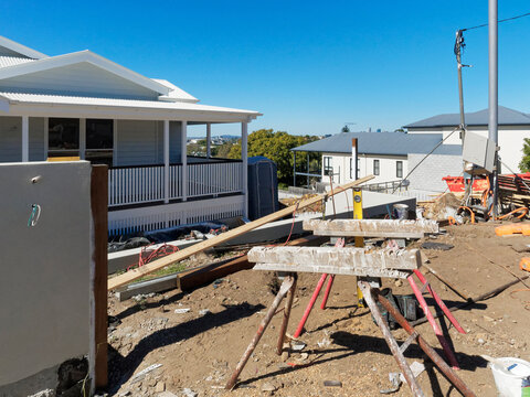 Front of brand new house, never lived in and still under construction, nearly completed