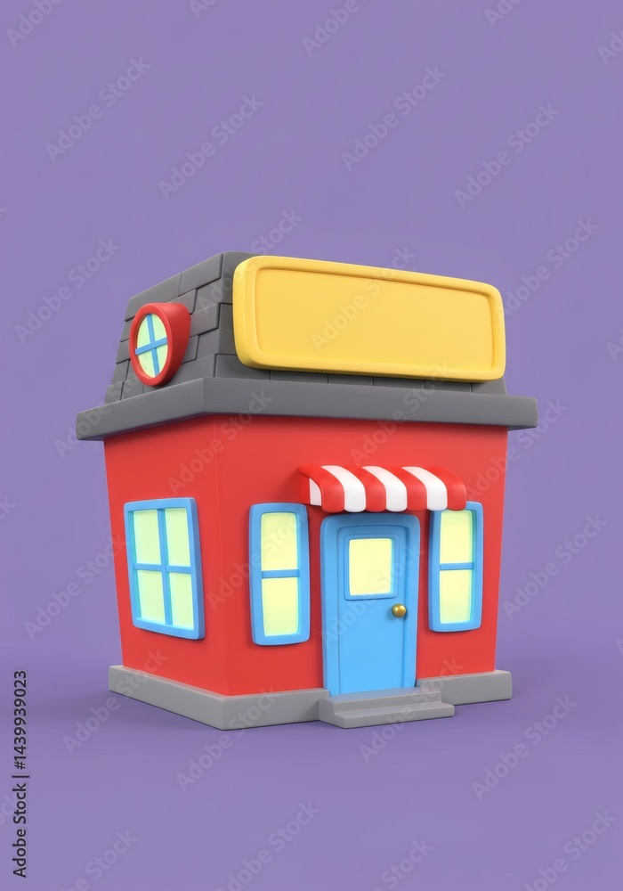 Poster whimsical 3d rendering of a colorful storefront with playful architectural elements on a solid backd