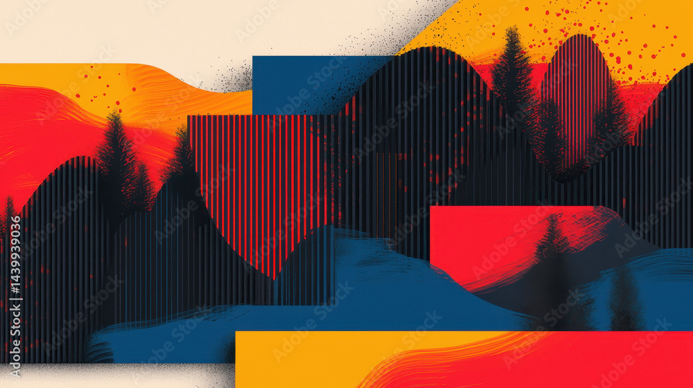 Poster vibrant color burst wildlife illustration featu layered abstract mountains and trees with ample copy