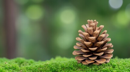 Fototapeta premium A detailed close-up reveals a mature pinecone resting gently on a bed of vibrant green moss, its intricate scales and earthy brown tones contrasting beautifully against the soft,