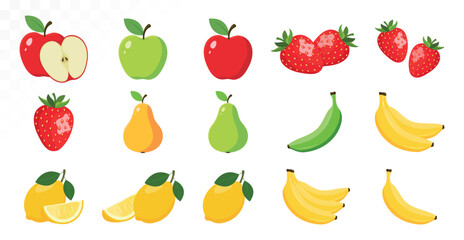Big set of fruits isolated on white background. Whole and half fruits including apple, strawberry, lemon, pear, and banana. Flat style vector illustration for food, healthy eating, and design projects