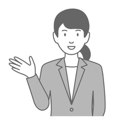 スーツを着た女性が「こちらです」と案内しているイラスト