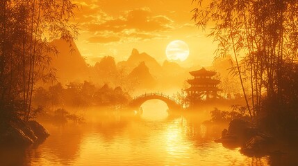 Golden China Landscape Painting