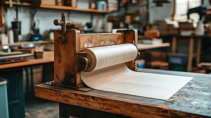 Woodworking Machine processes sheet in a cluttered workshop