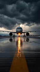 Airplane on Wet Tarmac Under Dramatic Storm Clouds
