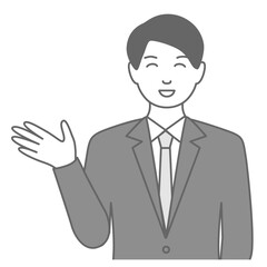 スーツを着た男性が「こちらです」と笑顔で案内しているイラスト