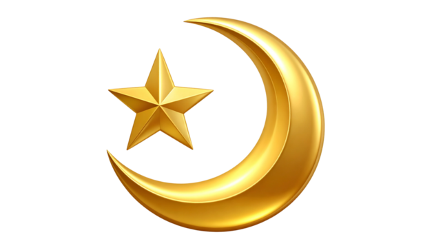 Golden Crescent Moon and Star:
Elegant golden crescent moon with a five-pointed star, isolated on transparent background, luxurious and clean, perfect for Eid decorations and religious designs