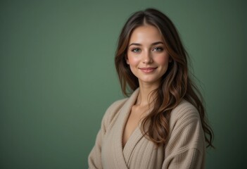 Mujer con una bata acogedora, de pie con gracia y una sonrisa amable