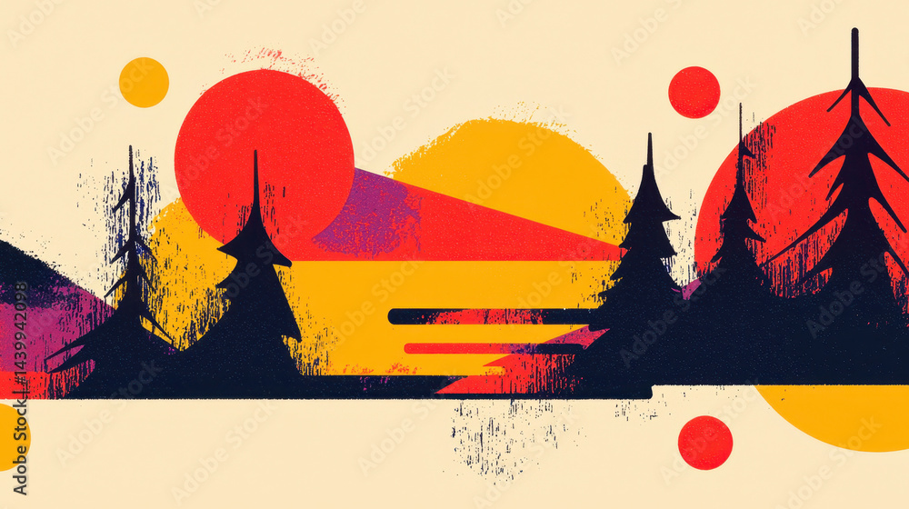 Poster tranquil lakeside views and colorful abstract tree illustrations combine in a vibrant scene with amp
