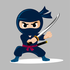 small vector gloomy ninja in dark blue clothes ready for battle