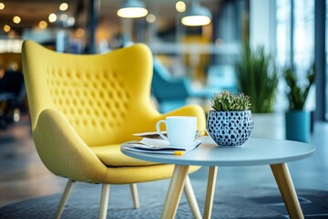 Modern Office Lounge: Yellow Chair, Coffee, and Plants