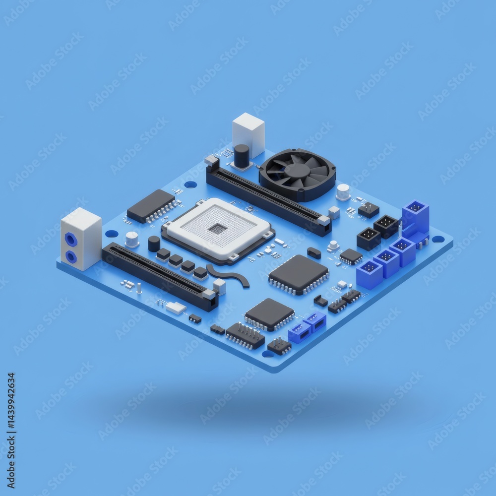 Poster minimalist representation of a microelectronics circuit board components in pastel blue hues and 3d 