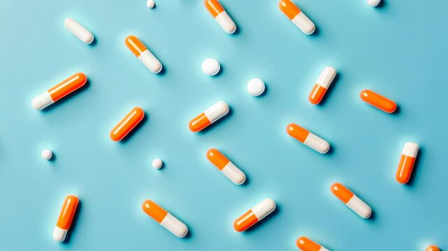 Pills on a blue background. Multicolored vitamins, free space for text. Many different capsules. Pharmacy, chemistry. Abundance. Lots of antibiotics, drug. Herbal medicine, chemical industry. Top view