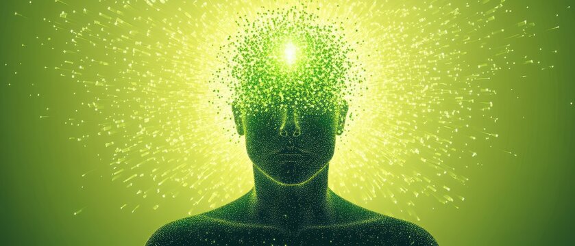 Abstract green human head with glowing particles exploding, representing consciousness, mental health, and artificial intelligence
