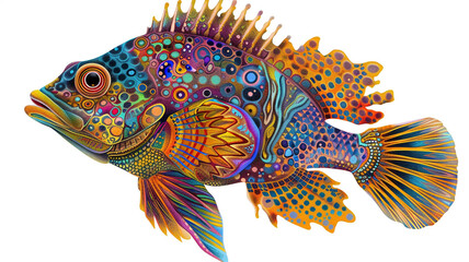 Psychedelic fish with vibrant, intricate patterns in blue, orange, purple, and yellow. Unique aquatic art.