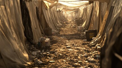 Refugee Camp: Dirt Path Between Makeshift Tents at Dawn