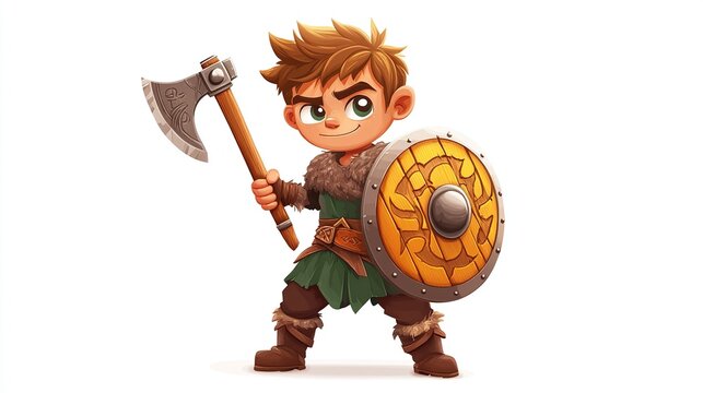 Fototapeta Cute cartoon Viking boy warrior with axe and shield.