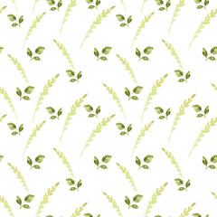 seamless pattern with forest plants and herbs, watercolor green, textured leaves of grass, hand drawn illustration of meadow herbs, template for nature decoration card, invitation