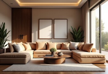 Obraz premium cozy living room modern decor warm lighting plush furniture elegant accessories comfort home atmosphere, chic, pillow, sofa, recliner, table, shelf, plant