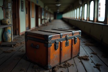 A forgotten steamer trunk on the deck of an abandoned ocean liner.
