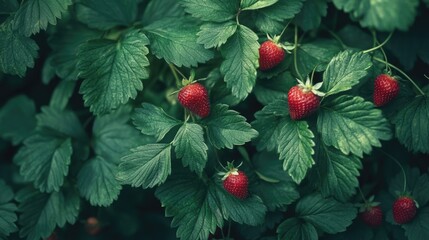 Juicy Red Strawberries on Lush Green Foliage - Close-Up View