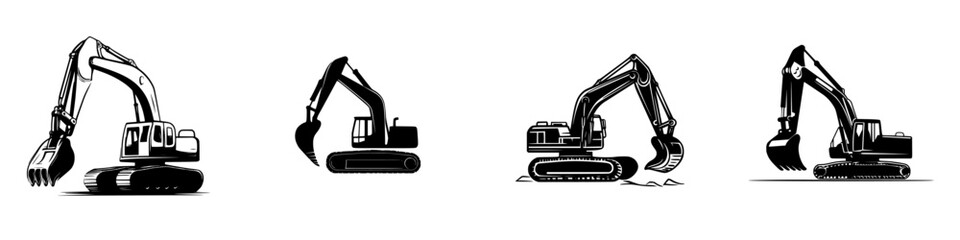 Various designs of excavators in vector illustration style focusing on black and white graphics