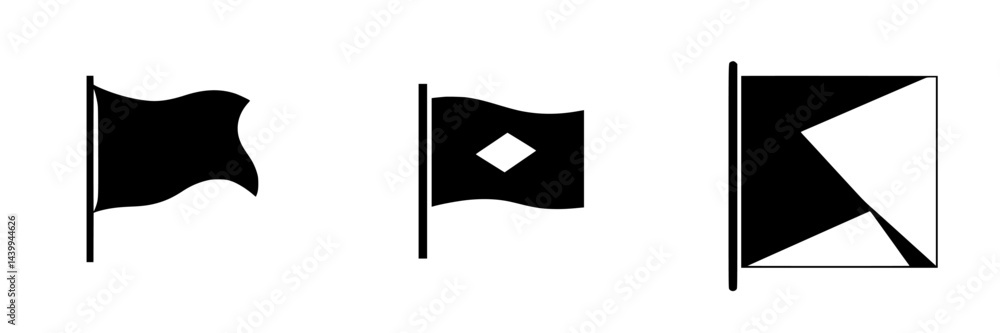 Poster vector illustration of three distinct flags in black and white with varying shapes and designs, perf