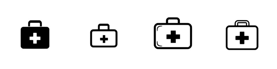 Obraz premium Vector illustration of black and white medical first aid kit icons depicting various designs and styles suitable for health-related content