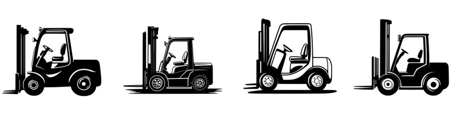 Illustration of various forklift designs in black and white showcasing distinct perspectives and features