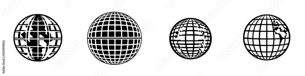 Poster vector illustration of four globe icons in black and white showing different world representations a