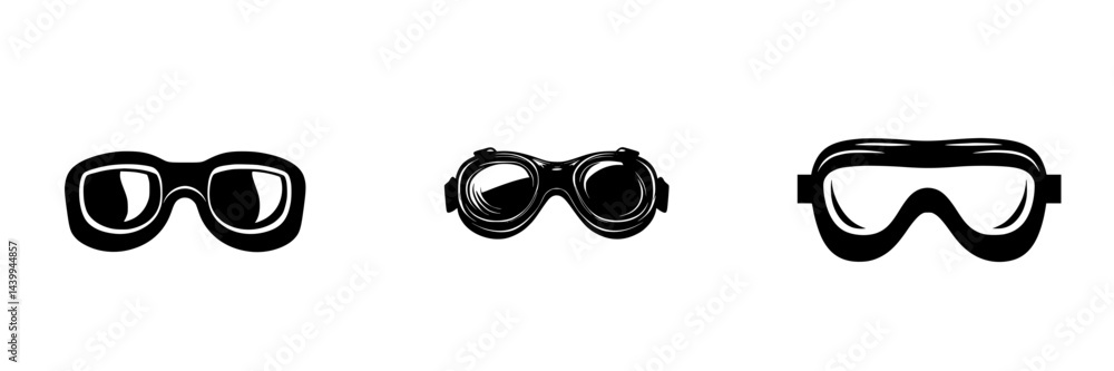 Poster vector illustration showcasing three distinct styles of goggles in black and white, emphasizing vers