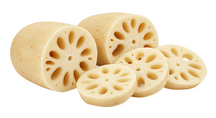 Fresh Lotus Root Bheeh Whole Sliced Isolated Transparent Background PNG Crisp Texture Detailed Holes Clean