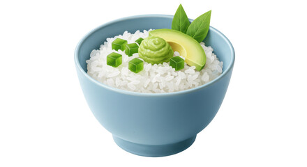 Isolated Bowl of Rice with Avocado and Basil Cubes - Healthy Food