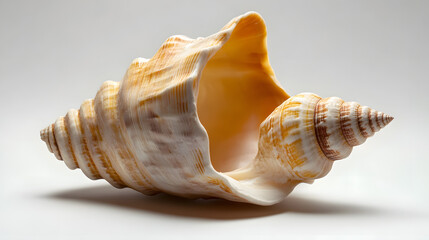 Closeup macro shot of conch shell isolated on white background, showcasing its intricate textures and natural colors